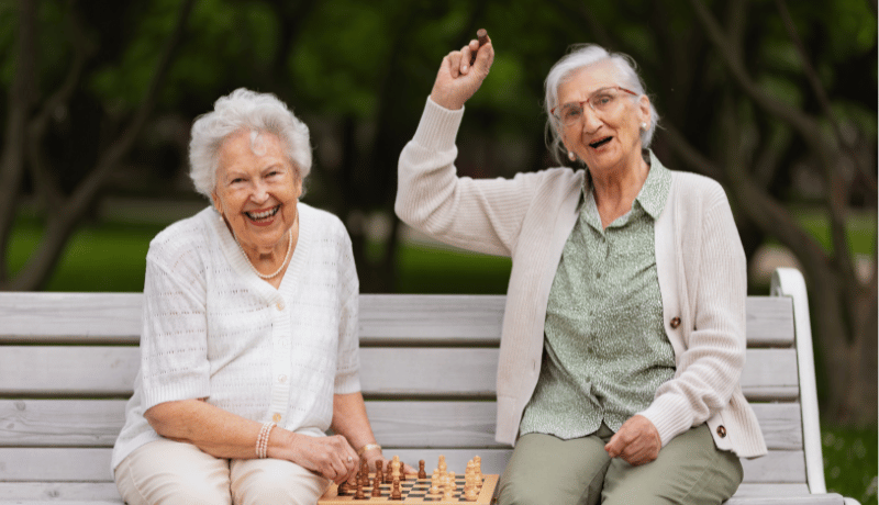 Women playing chess on a bench